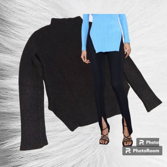 3/ $30 or FREE WITH PURCHASE over $40 Black Ribbed Mock Neck Split Hem Sweater - Picture 3 of 16